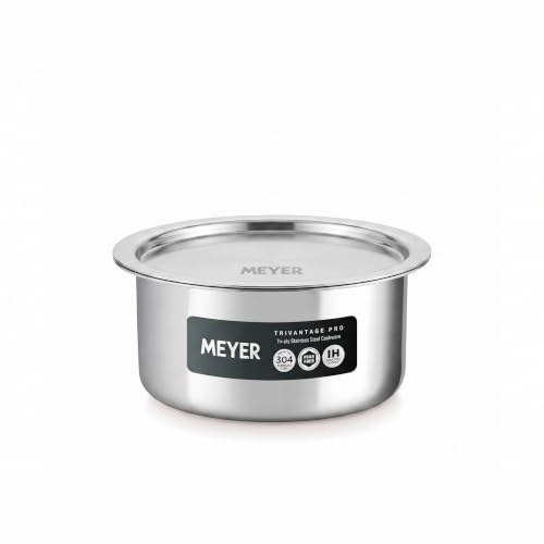 Image of Meyer Triply Stainless Steel Tope with SS 304 Lid | Healthy, Non Toxic | Extended Grip | Bhagona | Tapeli | Patila | for Boiling Milk /Water | 14CM /1.1 Liters Capacity | 10 Year Warranty | Silver