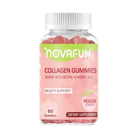 Novafun Collagen Gummies with Biotin, Vitamin C & E, 300mg Collagen Supplements for Hair, Skin & Nail Support, Vegetarian & Gluten-Free, Peach Flavor, 60 Count Cover