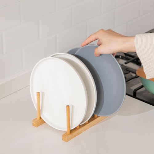 Image of CURATED CART Wooden Plate Organiser for Kitchen | Plate Stand Rack for Decor | Cabinet Plate Holder | 4 Adjustable Slots for Plates, Cup, Bowl & Dish Storage | Bamboo Wood (11x21cm) Pack of 2