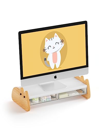 AFOOYO Monitor Stand Riser,Wooden & MDF Computer Desktop Stand with Acrylic Drawer,Laptop Stand Riser Holder ,Table Holder Desk Organizer Storage Stand for Laptop,Printer,TV,15.7 inch,Cute Cat