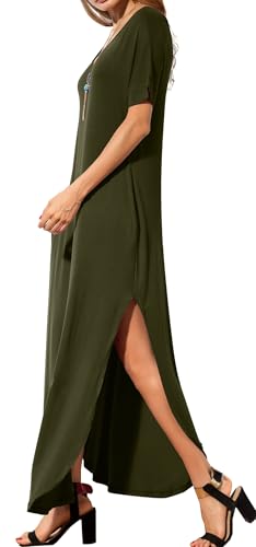 Image of GRECERELLE Women's Summer Maxi Dress Casual Loose V Neck Short Sleeve Side Split Long Dresses with Functional Pockets