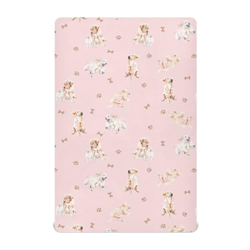 Image of Crib Sheets for Boys Golden Retriever Toddler Baby Girl Sheets for Crib,Neutral Mini Crib Nursery Mattress Sheets Fitted,Crib Mattress 52 * 28 * 9In Pink
