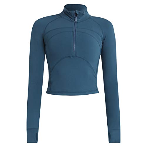 Flygo Women's Workout Yoga Jacket 1/2 Zip Long Sleeve Running Shirt With Thumb Hole (Blue, Large)