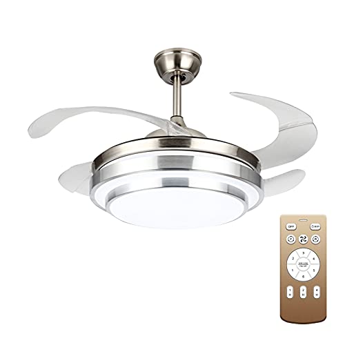 42 Inches Modern Retractable Ceiling Fan with Dimmable LED Light and Remote Control for Living Room Bedroom Restaurant, Silver Brushed Nickel, Color Light Change Speed Adjustment