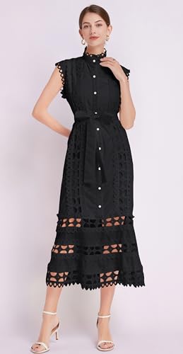 Image of LAI MENG FIVE CATS Women's Sleeveless Hollow Out Lace Button Up Casual Midi Party Dress with Belt