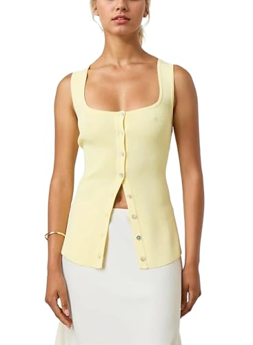 Women Square Neck Button Down Knit Tank Top Button-Up U Neck Sleeveless Backless Solid Slim Sexy Sweater Vest Tops