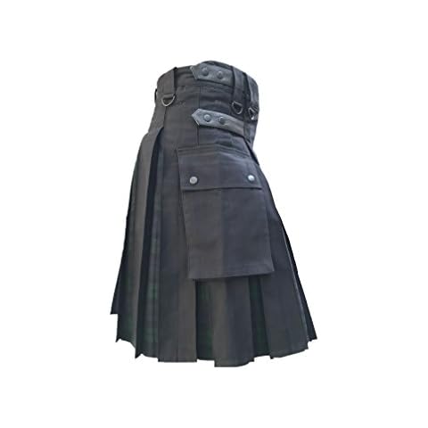 Z&N PRODUCTS Men's Hybrid Leather Straps Black Cotton & Blackwatch Tartan Utility Kilt (44") Cover