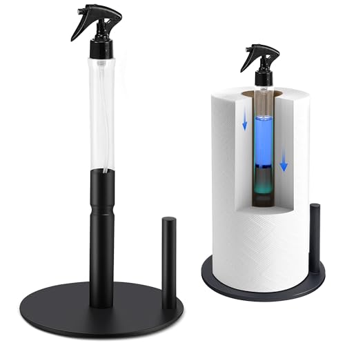 NMM Paper Towel Holder with Spray Bottle, 2 in 1 Stainless Steel Weighted Vertical Paper Towel Stand Dispenser for Kitchen Countertop with Non Slip Base Fits Cabinet Bathroom RV Camper - Black