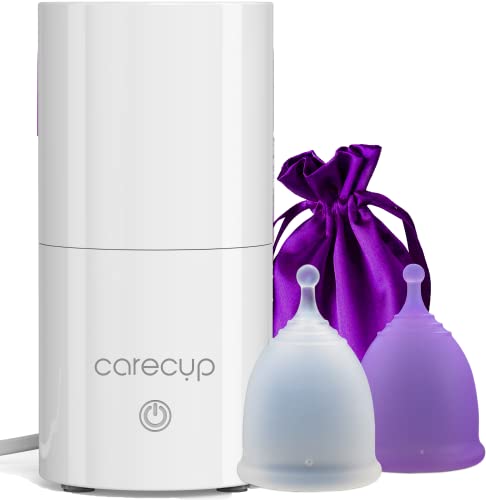 Carecup Menstrual Cup Sterilizer - Modern Menstrual Cup Cleaner Unscented Sanitizer - 2-Minute Automatic Steam Wash - Holder Fits Small Soft & Large Period Disc - 99.9% of Germs (Steamer + Cups)