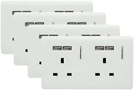 Trendi Switch 2 Gang 4 Port Artistic Modern Glossy 13 Amp Short Switched USB Plug Socket White (4 Pack)