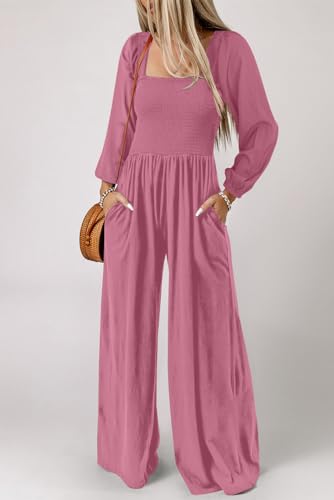 Dokotoo Womens Plus Size Peach Red Jumpsuits for Women Overalls Loose Casual Wide Leg One Piece Long Sleeve Solid Jumpsuit Long Pant Rompers with Pockets X-Large — view 2
