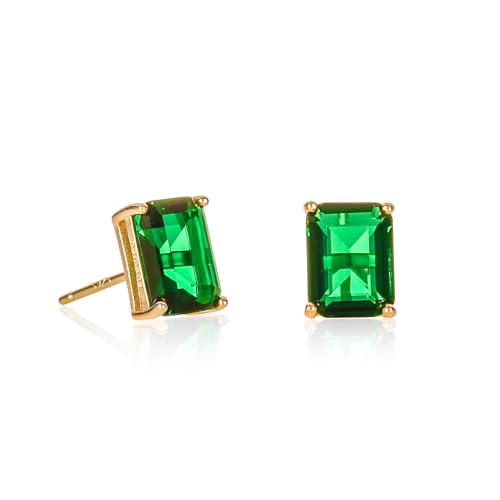 Image of Namana Gold Plated Emerald Cut Emerald Green Earrings For Women And Teen Girls, Simple Gold Earrings With Rectangle Green Stones, Dainty Emerald Green Stud Earrings