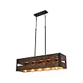 Wooden Farmhouse Chandelier 5-Light Modern Lighting Fixture LED Linear Rust Wood & Metal Ceiling Pendant Light Retro Ceiling Light Hanging Island Lamp for Kitchen Dining Room Bar