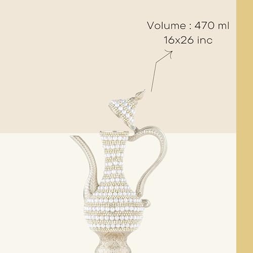 Steel Water Bottle Pitcher with Zirconia Stones | Handmade Metal Carafe Water Tea Coffee Jug Vintage Bottle | Turkish Ottoman Zamzam Pitchers (240 ML / 8.1 Oz, Pearl and Zirconia, Silver Color)