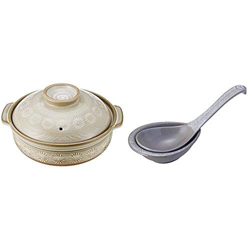 萬古焼 銀峯 花三島 土鍋 (深鍋) 9号 4-5人用 52013 & 萬古焼 レンゲ 大 台付 花三島 20011【セット買い】