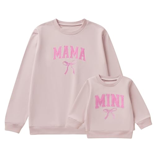 Image of Mommy and Me Matching Outfits Cute Bow Mama and Mini Long Sleeve Crewneck Sweatshirt Tops Mother Baby Matching Clothes