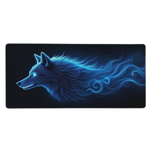 Tapis de souris de jeu grand format loup bleu avec bords cousus