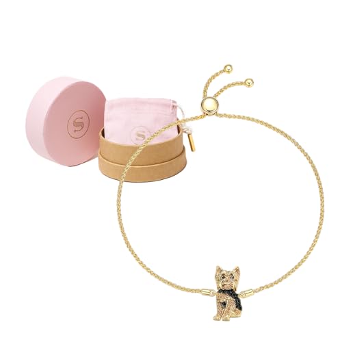 SCAMPER & CO Dog Breed Cubic Zirconia & Black Spinel Puppy Charm Bracelets for Women - Premium Plated Sterling Silver Bracelets for Women - Compatible with Same Style Charms or Necklaces 9 inch