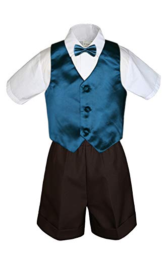 MILLTEX 4 Pieces Set Formal Party Wedding Color Satin Vest & Bow tie Shirt Brown Shorts Set New Born Baby Boy Toddler Sm-4T (SM (0-6 Months Old), Green Teal)