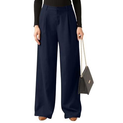 Linen Pants Women Casual High Waisted Wide Leg Dress Pants Vintage Loose Cotton Business Work Trousers with Pockets