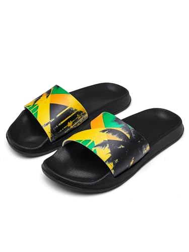 Hsaiyjsp Jamaican Flag Palm Print Women Men Patriotic Slippers Sandals Open Toe Flat Slides Arch Support Home Shower Slippers for Beach