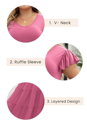 Image of Celkuser Womens Plus Size Summer Casual Midi Dress Short Ruffle Sleeve Tiered Empire Waist T-Shirt Dress with Pockets