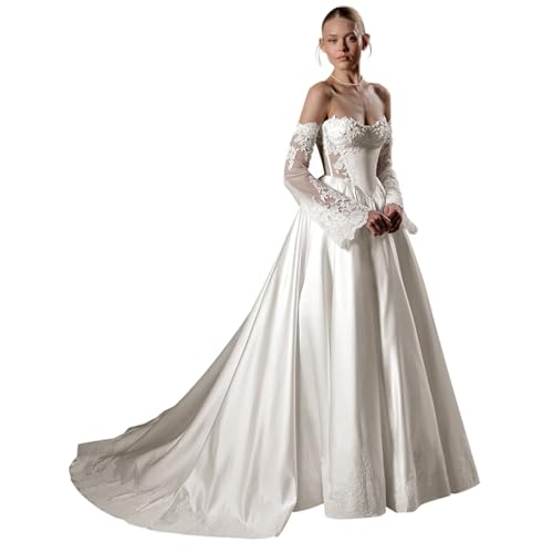 Off Shoulder Long Sleeve Satin Wedding Dresses A-Line Lace Applique Corest Bridal Gowns for Brides