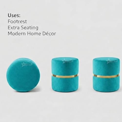 Image of Round Single Strip Upholstered Stool Living Room Foot Rest Linen Fabric Padded Seat Pouf Ottoman Office Stool Aqua
