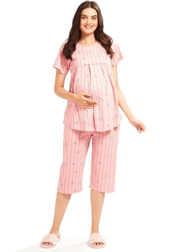Image of AV2 Women's Cotton Printed Maternity & Feeding Night Suit Set of Top & Relaxed Capri Nursing Night Dress -2124