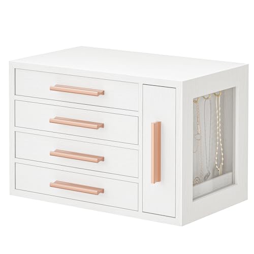 HOOBRO Jewelry Box for Women, Wooden Jewelry Organizer with Transparent Window, 4-Layer Jewelry Organizer Box, Jewelry Holder Organizer for Earrings, Necklaces, Rings, White and Gold WD09JB04