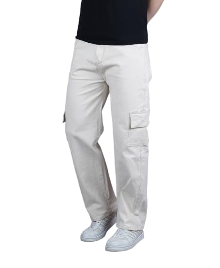 Moda Star Relaxed Fit Cargo Denim Jeans, Beige, Baggy Style with Pockets-image-7