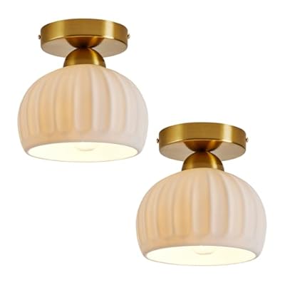 2-Pack Semi Flush Mount Ceiling Light - Ceramic Hallway Light Fixtures,Gold Ceiling Light Fixture,Small Flush Mount Ceiling Light, Modern Ceiling Light for Entryway Kitchen Dining Room
