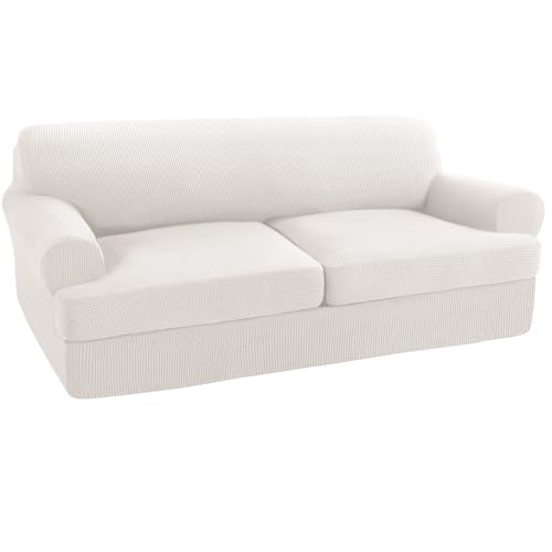 Turquoize 3 Piece T Cushion Sofa Slipcovers Stretch Couch Cover Furniture Covers with 2 Individual T Cushion Covers, Machine Washable (2 Cushion Sofa, Ivory)