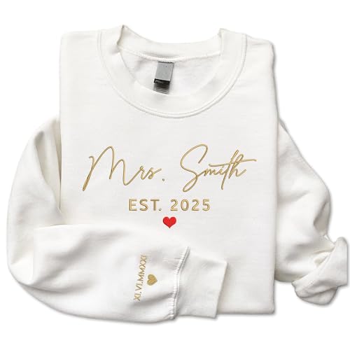 GODMERCH Custom Embroidered Mrs Sweatshirt - Personalized Future Mrs Hoodie, Bride Sweatshirts, Honeymoon Crewneck, Gift for Her Bride to Be Engagement Bachelorette Party Bridal Shower Wedding