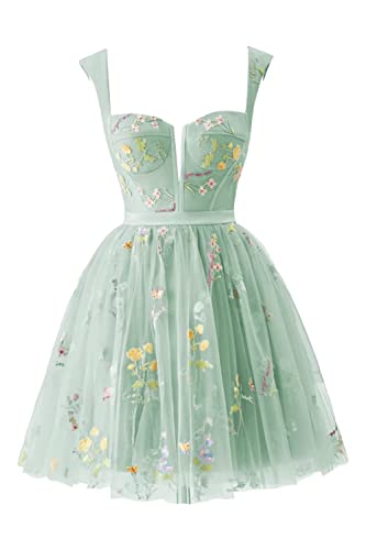 Basgute Damen Blumen Stickerei Tüll Ballkleider Korsett Lange Spaghettiträger Fee Rüschen Formal Abend Party Kleid, kurz-mintgrün, 44