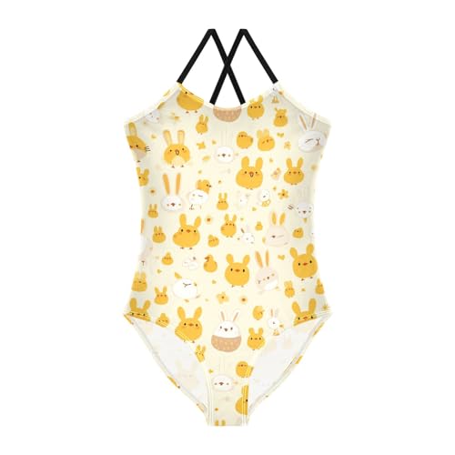 KLL Cute Bunny Rabbit Duckling Spring Bloomy Happy Easter Girls' 1-Piece Swimsuits Summer Swimming Suits Adjustable Strap