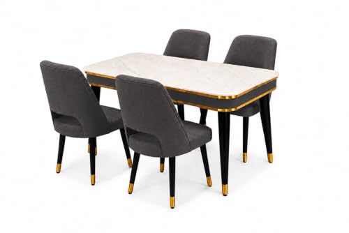 Image of WOODEN SPACE 4 Seater Wooden Dining Table Set | Urban Marble Top Dining Table with Chairs for Dining Room & Kitchen (Modern Vintage Dark Grey) (54 x 36 x 30 inch)