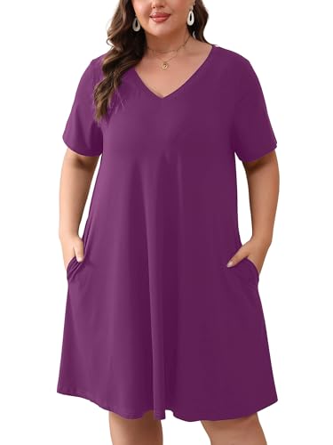Image of AusLook Plus Size Midi Dress for Women Loose V Neck Short Sleeve Summer Casual A Line T Shirt Sundresses with Pockets 1X-5X