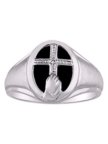 Image of Rylos Unisex Sterling Silver or Yellow Gold Plated Silver Religious Cross Prayer Ring with Diamonds and Black Onyx - Deigner Jewelry in Sizes 8-13