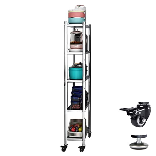 Scaffale da cucina sottile a 5 ripiani su ruote, extra alto, in acciaio inox, per piccoli spazi (26 x 40 x 147 cm) – perfetto per nizing cucina essenziale