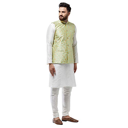 Image of SOJANYA (Since 1958, Men's Silk Blend Grey Kurta Pyjama & Silk Blend Jacket Combo
