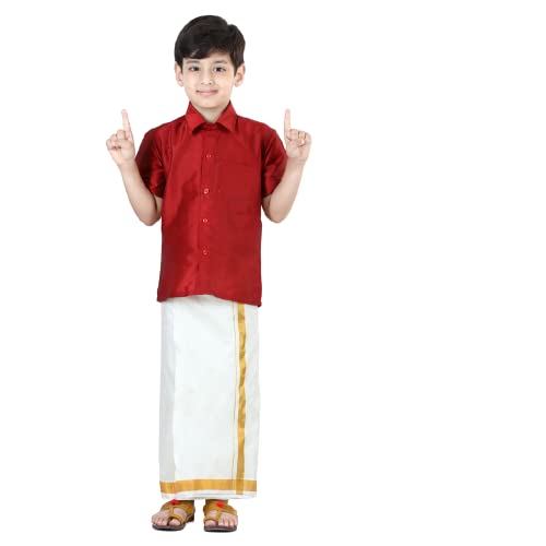Image of BownBee Boys Silk Shirt and Mundu Dhoti South Indian Traditional Ethnic Dress for Kids with Half Sleeves, Button Closure Shirts for Baby Boy, Ideal for Any Festival Occasions & Wedding