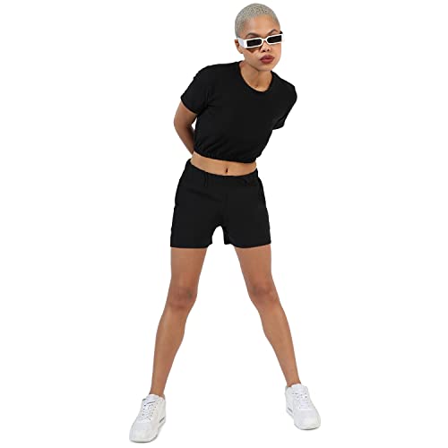 Image of Campus Sutra Women's Solid Black Crewneck Short Sleeve Regular Fit Co-Ords Set for Casual Wear | Clothing Set Crafted with Comfort Fit and High Performance for Everyday Wear