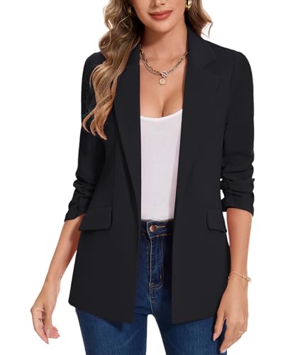 MINTLIMIT Blazer for Women Open Front 3/4 Ruched Sleeve Suit Jacket Notched Collar Casual Work Office Blazers with Pockets