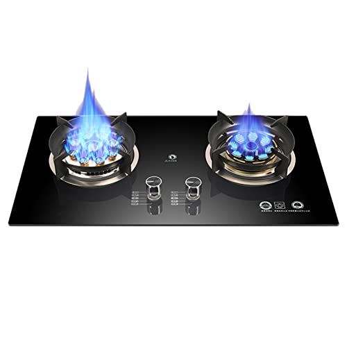 Placa de cocina de gas integrada con 2 quemadores, superficie de vidrio templado para una fácil limpieza, compatible con GLP/NG, ideal para caravanas y apartamentos