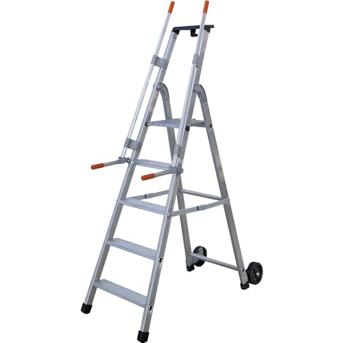 Escalera móvil para almacén y para estanterías, con 2 pasamanos y ruedas, 5 peldaños incl. plataforma.