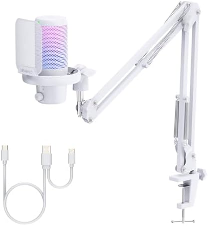 FEELWORLD VM1 White Gaming PC USB Microphone Condenser Mic with N...