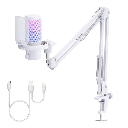 FEELWORLD VM1 White Gaming PC USB Microphone Condenser Mic with Noise Cancellation Mute RGB Light Computer Accessories Gifts for Gamer YouTube Twitch Podcast Streaming Recording Online Chat PS4 PS5