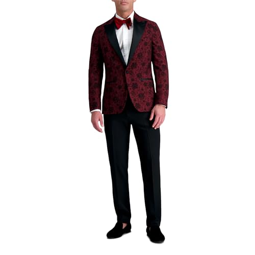 J.M. Haggar Men's Slim Fit Pattern Peak Lapel Tuxedo Dinner Jacket, Floral Burgundy3