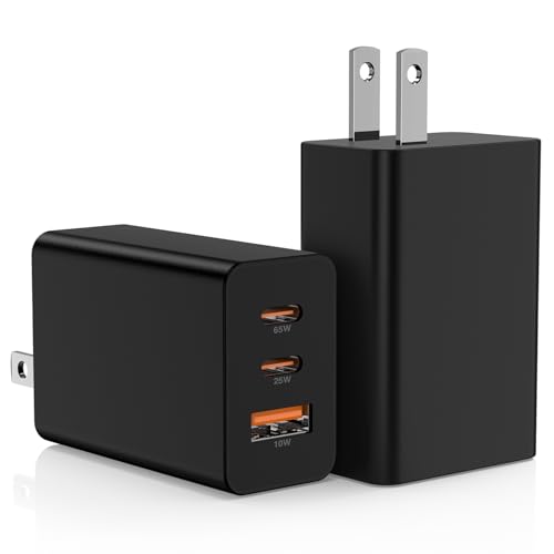 2Pack 65W USB C Wall Charger Block, 3-Port USB C Charging Adapter 100W Type C Super Fast Charging Power Plug Cube for MacBook Pro/Air,i-Pad Pro,i-Phone 17/16/15, Galaxy S25,and More-Black​